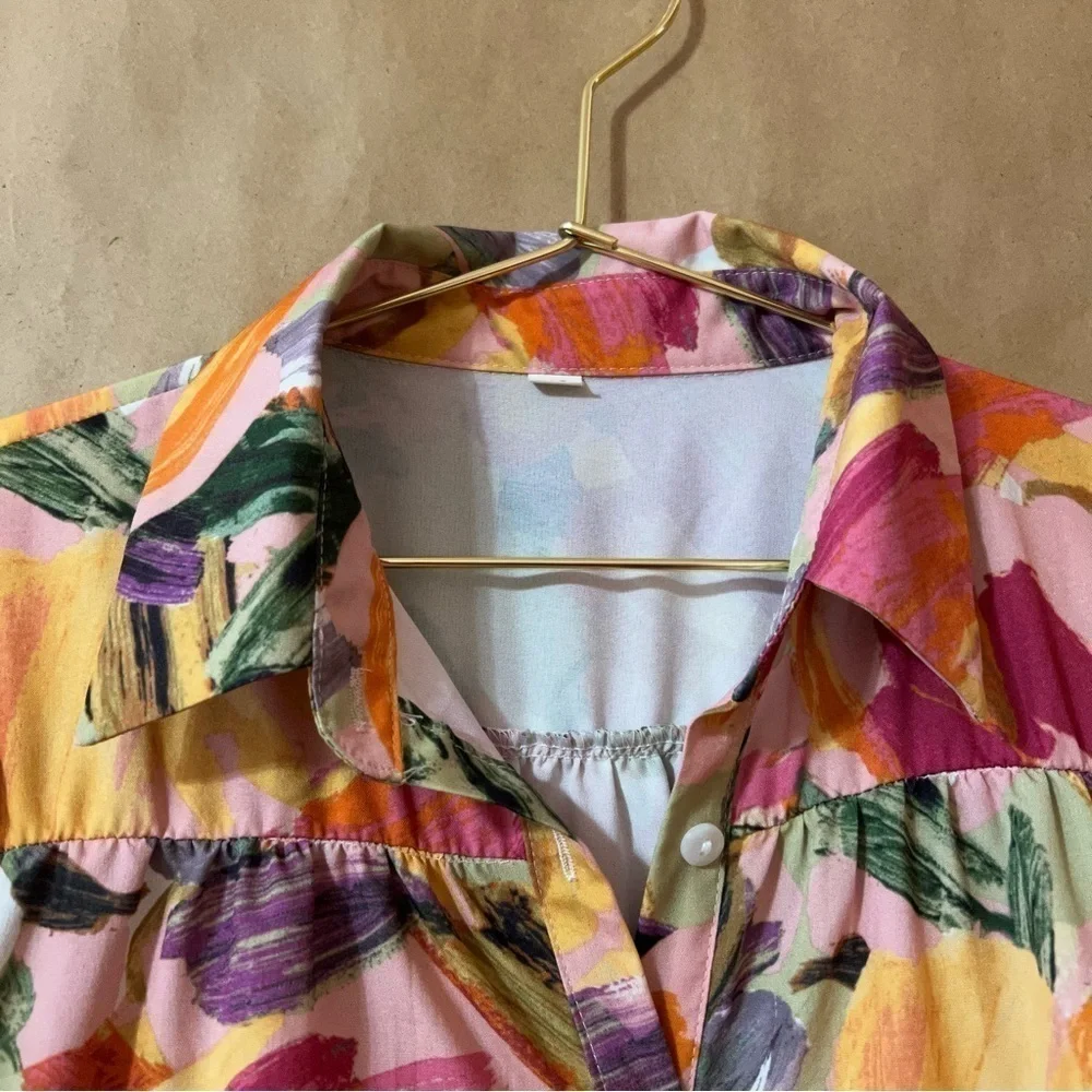 Abstract Watercolor Print Button Front Tiered Popover Mini Shirt Dress Size XS - Picture 3 of 13